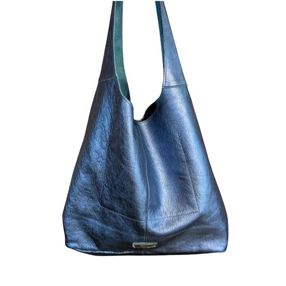 New Sharif Legacy Pearlized Blue Slouchy Leather Hobo with Wristlet - Picture 7 of 10